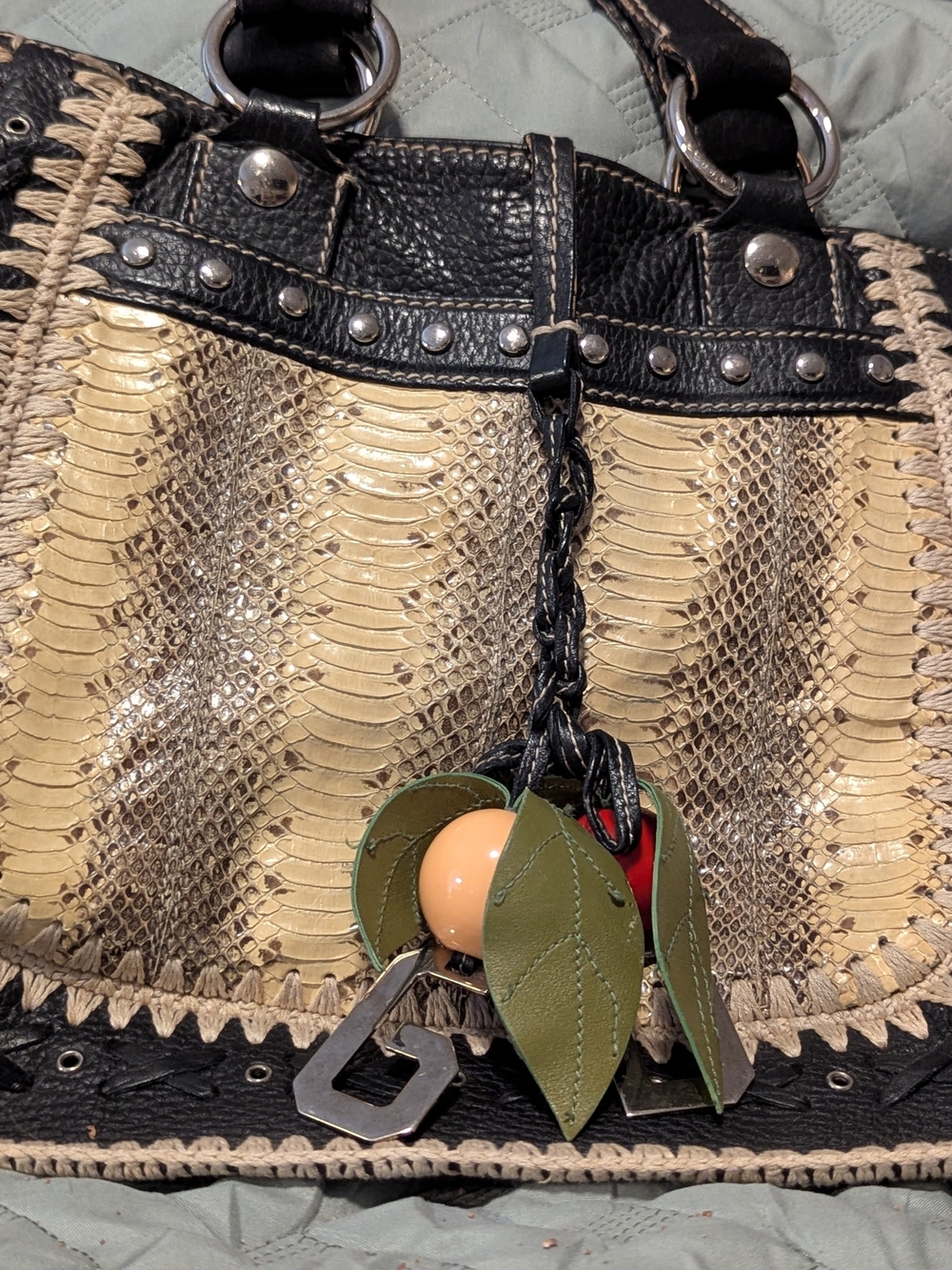Dolce & Gabbana Black Whipstitch Leather and Water Snake Purse